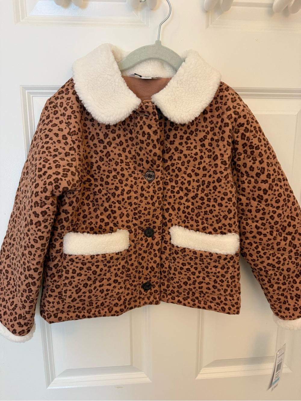 Calvin Klein Jeans Girls' Leopard Print Sherpa Collar Jacket - Brown & Cream